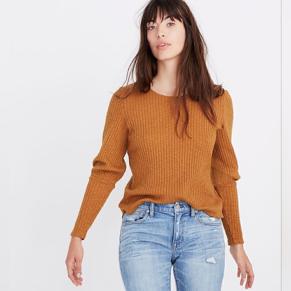 Madewell Ribbed Bubble-Sleeve Top  Golden Pecan XS Coastal Cowgirl Lagenlook 70s